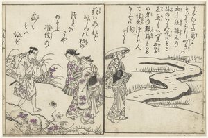Spaziergänger in einer Landschaft mit Blumen von Nishikawa Sukenobu (attributed to)