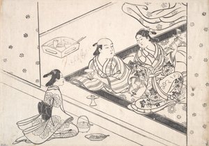 Dame spielt Shamisen, mit ihrem Liebhaber und Diener in der Nähe