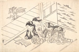 Zwei Frauen, die auf dem Boden eines Zimmers liegen und ein Buch lesen, ca. 1730 von Nishikawa Sukenobu