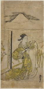 Frau hält Kimono mit Mt. Fuji im Hintergrund