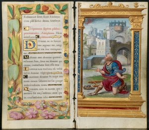 Angrenzende Blätter aus einem Stundenbuch: Bußpsalmen und König David im Gebet (2 von 3 herausgetrennten Blättern)