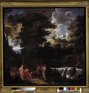 Marsyas spielt Flöte vor Apollo und Midas. Der Satyr trotzt dem Gott Apollo, König der Lyra, vor König Midas und den Musen