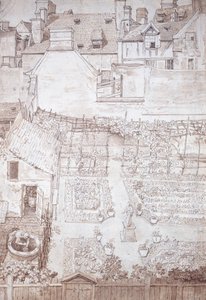 Ein Garten eines Stadthauses, mit Parterres und Weinlaube, umgeben von Gebäuden, um 1677