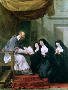 St. Franz von Sales (1567-1622) gibt die Regel der Visitation an St. Jeanne de Chantal (1572-1641) von Noel Halle