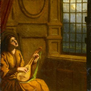 Junges Mädchen spielt Laute am Fenster, ca. 1920 von Noel Rooke