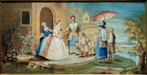 Komödiant und Dramatiker Jean Baptiste Poquelin genannt Molière (ein Knie auf dem Boden) und seine Komödianten in dem Stück „Georges Dandin ou le mari confondu“ 1668