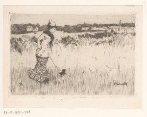 Spazierende Dame mit Hund in einer Landschaft von Norbert Goeneutte