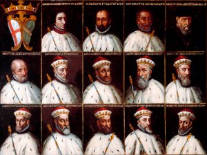 Wappen der Republik Genua und Porträts der Dogen - Simone Boccanegra, Ottaviano Fregoso und Antoniotto II Adorno; Andrea Doria. Oberto Cattaneo Lazzari, Battista Spinola, Battista Lomellini, Cristoforo Grilaldi Rosso, Giovanni Battista Doria
