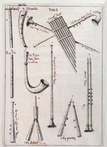 Blasinstrumente Seite aus „de Tribus Generibus Instrumentorum Musicae Veterum“ Werk über alte Instrumente von Francesco Bianchini