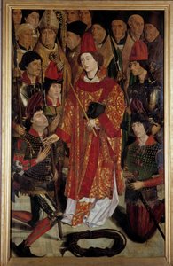 Heiliger Vinzenz, Schutzpatron von Lissabon Polyptychon des Heiligen Vinzenz von Zaragoza, umgeben von Bischöfen und Rittern. Gemälde zugeschrieben Nuno Goncalves oder Gonzalvez (15. Jahrhundert) Nationalmuseum für Alte Kunst, Lissabon. von Nuno Goncalves or Gonzalvez