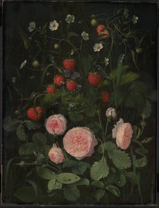 Stillleben mit Rosen und Erdbeeren