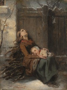 Verarmte tote Mutter hält ihr schlafendes Kind im Winter von Octave Tassaert
