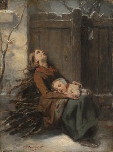Verarmte tote Mutter hält ihr schlafendes Kind im Winter von Octave Tassaert