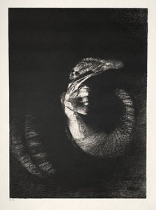 Es ist ein Schädel, der mit Rosen umkränzt ist. Er dominiert den perlmuttweißen Torso einer Frau von Odilon Redon
