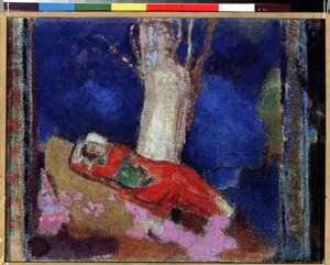 Eine Frau, die unter einem Baum liegt von Odilon Redon