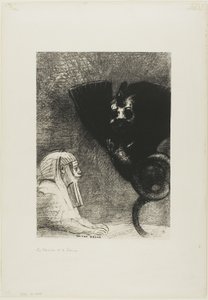 Die Sphinx: "...mein Blick, den nichts ablenken kann, bleibt durch die Objekte hindurch auf einen unerreichbaren Horizont gerichtet." Die Chimäre: "Was mich betrifft, ich bin leicht und fröhlich," Platte 5 aus An Gustave Flaubert von Odilon Redon