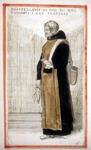 Religiöser Orden: die Hospitalbrüder des Heiligen Johannes von Gott. Gravur aus dem 16. Jahrhundert. Nach O. Fialetti