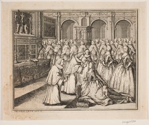 Bischof Hersleb salbt Königin Louise in der Schlosskirche von Frederiksborg. Illustration zur Salbung von Friedrich IV. von Odvardt Helmoldt de Lode