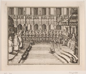 König Frederik V und Königin Louise während der Krönungszeremonie in der Schlosskirche von Frederiksborg. Illustration zur Krönungsakte von Frederik IV
