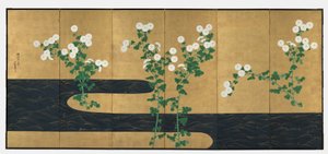 Chrysanthemen an einem Bach, Paar sechsteilige Faltwände, späte 1700er-frühe 1800er