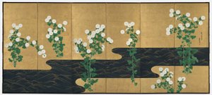 Chrysanthemen an einem Bach, Paar sechsteilige Faltwände, späte 1700er-frühe 1800er