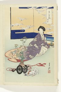 Hündchen spielt mit Blumenwagen von Ogata Gekko