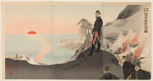 Offiziere und Männer bewundern die aufgehende Sonne beim Biwakieren in den Bergen von Port Arthur von Ogata Gekko