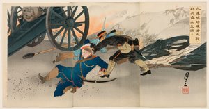 Während der großen Schlacht von Hamotang bei Jiuliancheng nehmen unsere Truppen einen russischen Gefangenen von Ogata Gessan