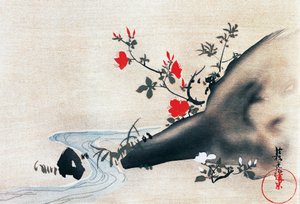 Azaleen und Bach, Kakemonos (hängende Schriftrollen) auf Seide gemalt, Edo-Periode (1603-1868), Japan