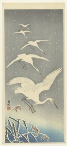 Absteigende Reiher im Schnee von Ohara Koson
