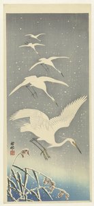 Absteigende Reiher im Schnee von Ohara Koson