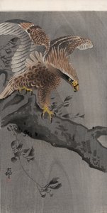 Adler mit ausgebreiteten Flügeln auf Baumstamm von Ohara Koson