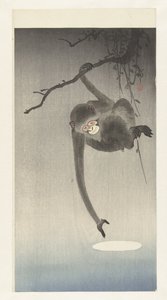 Affe greift nach der Spiegelung des Mondes von Ohara Koson