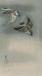 Spatzen im Flug (Farbholzschnitt) von Ohara Koson