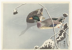 Zwei Stockenten nahe einer schneebedeckten Lotusblume von Ohara Koson