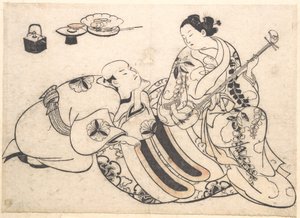 Ein Mann in kniender Haltung, der sich nach vorne beugt und einer Oiran zuhört, die Shamisen spielt von Okumura Masanobu