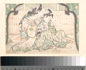 Ein junger Mann sitzt zwischen zwei Frauen von Okumura Masanobu