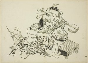 Ebisu flirtet mit einer Kurtisane, Nr. 3 aus einer Serie von 12 Drucken von Okumura Masanobu