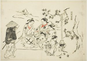 Sake erhitzen mit Ahornblättern (Kanzake momijigari), Nr. 9 aus einer Serie von 12 Drucken, die Parodien von Theaterstücken darstellen von Okumura Masanobu