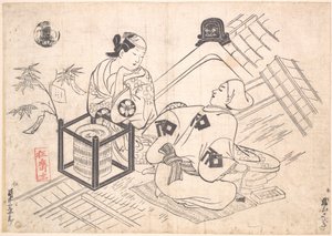 Katsuyama Matagoro als Yane-chi auf einer Strohmatte auf dem Ziegeldach eines Hauses sitzend von Okumura Masanobu