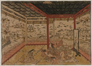 Lady Murasaki in Ishiyama mit Blick auf ein Panorama mit acht Ansichten des Biwa-Sees von Okumura Masanobu