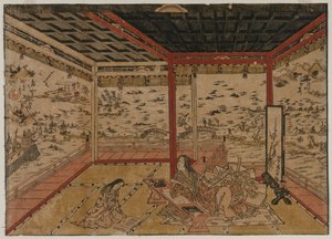 Lady Murasaki in Ishiyama mit Blick auf ein Panorama mit sieben Ansichten des Biwa-Sees, 1740er Jahre von Okumura Masanobu