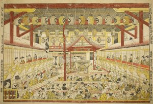 Großes Perspektivbild der Kaomise-Aufführung auf der Kabuki-Bühne von Okumura Masanobu