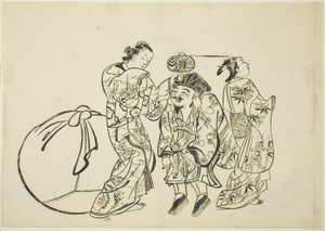 Daikokus Höhe messen, Nr. 5 aus einer Serie von 12 Drucken von Okumura Masanobu