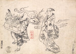 Mizuki Kikusaburo als Frau, die in der Nähe eines kleinen Baches steht und einen Wanderer betrachtet, wahrscheinlich 1709 von Okumura Masanobu