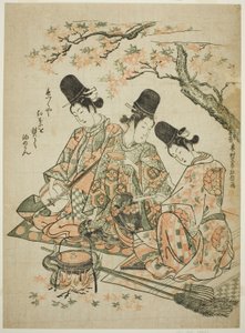 Parodie der Palastdiener, die Ahornblätter verbrennen, um Sake zu erhitzen, aus "Die Geschichte von Heike" von Okumura Masanobu