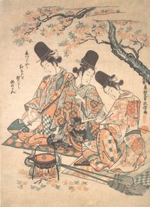 Parodie der Palastdiener, die Sake über einem Feuer aus Ahornblättern erhitzen von Okumura Masanobu