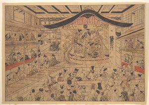 Perspektivansicht (uki-e) eines Kabuki-Theaters mit einer Aufführung von „Die Wappenmuster der Soga-Brüder und Nagoya Sanza“ (Mon-zukushi Nagoya Soga) von Okumura Masanobu