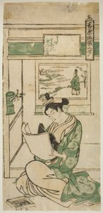 Gedicht von Fujiwara no Teika, aus der Serie "Yoshiwara Kurtisanen in den drei Abenden (Yoshiwara keisei sanseki)" von Okumura Masanobu