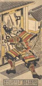 Der Schauspieler Bando Hikosaburo in der Rolle von Asahi na Saburo, der die Burgtür aufbricht, ca. 1730 von Okumura Masanobu